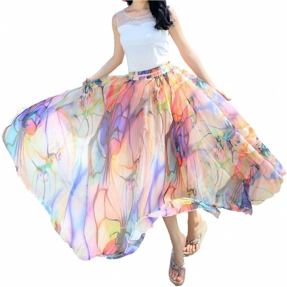 Women Full Ankle Length Blending Maxi Chiffon Long Skirt Beach Skirt